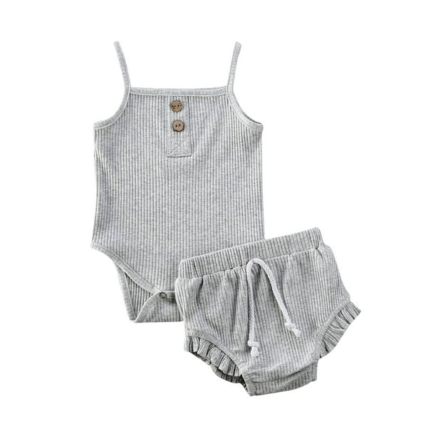 2Pcs Baby Girl Shorts Set Sleeveless Solid Floral Button Ruffle Hem Strap Halter Tank Top Shorts Summer Outfits Clothes